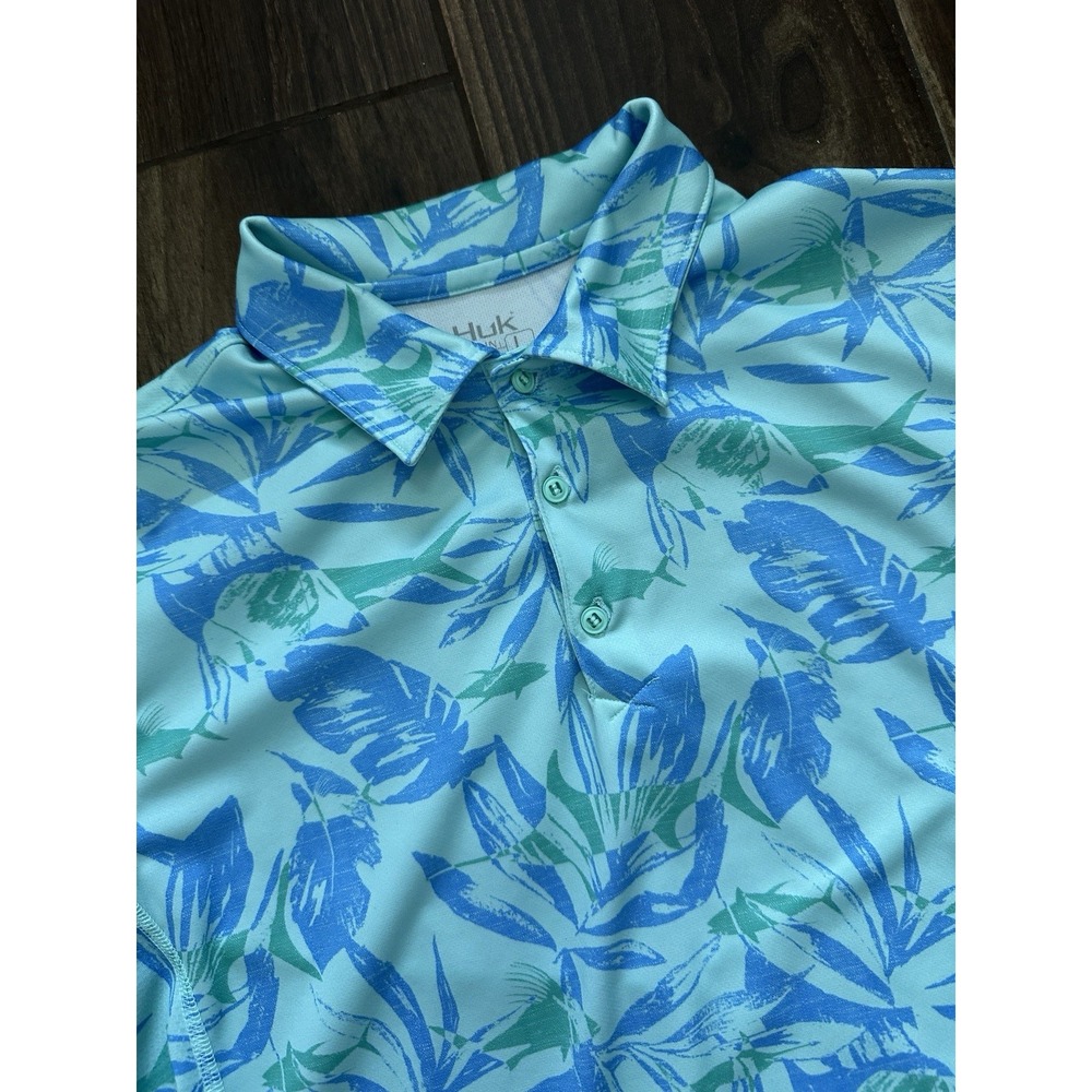 Huk Mens Performance Fishing Polo Shirt Blue Aqua Tropical Fish Print Large